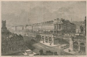 Vista della strada sopraelevata proposta o viadotto da St Sepulchres Church a Hatton Gardens da English School
