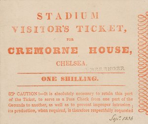 Biglietto per visitatori allo Stadio, Cremorne House, Londra, settembre 1836 da English School