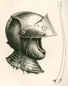 Elmo con visiera risalente al c.1643. Il pezzo laterale è il supporto della visiera, a grandezza naturale, usato per mantenere la visiera a diverse angolazioni secondo la tacca utilizzata, da The British Army: Its Origins, Progress and Equipment, pubblicat da English School