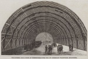 Capannone di addestramento volontario a Birkenhead per i 1st Cheshire Volunteer Engineers (incisione)