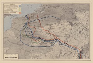 WW1: Le principali linee di battaglia del fronte occidentale (litografia a colori) da English School