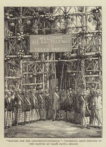 "In attesa del Luogotenente Governatore", arco trionfale eretto dai nativi a Talpe Pattu, Ceylon (incisione) da English School