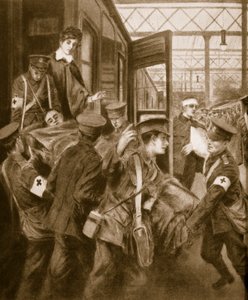 Feriti di guerra che arrivano a una stazione ferroviaria di Londra, 1914-19