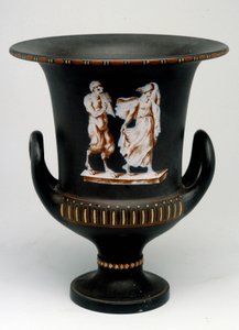 Vaso Wedgwood raffigurante una giovane ragazza e un satiro in ceramica nera dipinto "con l