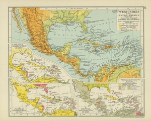 Indie Occidentali e America Centrale con le date dei principali insediamenti europei (litografia a colori) da English School