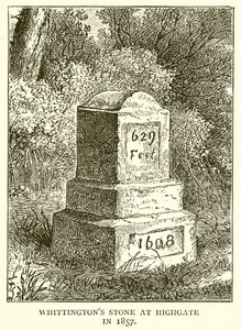 La pietra di Whittington a Highgate nel 1857 da English School