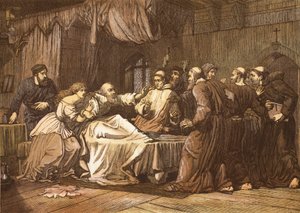 Wicliffe sul letto di morte assalito dai frati, inciso da T. Bolton da English School