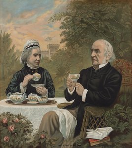 William Ewart Gladstone, politico liberale britannico e primo ministro, che prende il tè con sua moglie Harriet, 1891