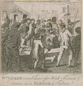 William Guest, condannato per alto tradimento, trascinato su una slitta a Tyburn da English School