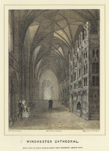Cattedrale di Winchester, navata sud del coro che mostra il Monumento del Vescovo Fox, guardando a ovest da English School