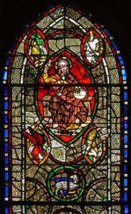 Finestra S che raffigura Cristo in Maestà circondato dai simboli degli Evangelisti da English School