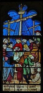 Finestra SaEw che raffigura una scena di una leggenda di San Nicola: le navi di grano scaricano a Myra da English School