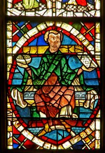 vetrata raffigurante una figura genealogica: Ieconia