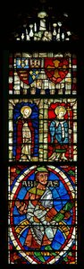 Vetrata raffigurante due santi e scudi araldici