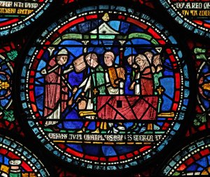 Scena da una finestra miracolosa di San Tommaso Becket: funerale di Gilbert de Brun (?) da English School