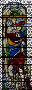 Finestra w36 raffigurante San Cristoforo - una figura ibrida di vetro francese del XVI secolo e inglese del XV secolo assemblata nel 1956 da English School