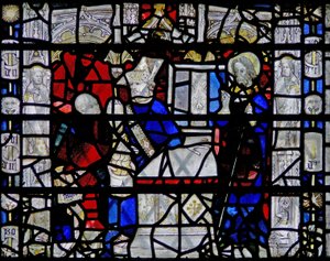 Finestra w6 raffigurante una scena della vita di San Nicola; bordo con figure da English School