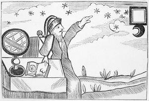 Mago che consulta la luna e le stelle, illustrazione da una raccolta di chapbook sull
