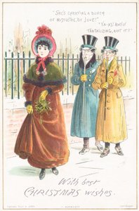Donna che porta un mazzo di vischio, cartolina di Natale da English School