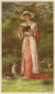 Donna che legge un libro in un giardino con conigli
