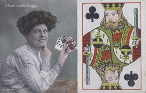 Donna con carte da gioco e il Re di Fiori (litografia a colori) da English School