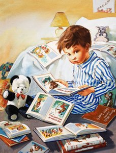 Giovane ragazzo che legge libri di storie