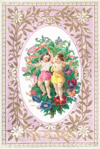 Ragazza e ragazzo con fiori e nastri, biglietto da English School