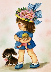 Ragazzina con cappello fiorito con bambola e cucciolo da English School