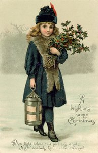 Giovane ragazza con agrifoglio e lanterna, cartolina, inizio XX secolo