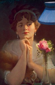 Giovane donna e una volpe alla luce della lampada (litografia a colori) da English School