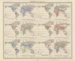 Zoogeografia: Anfibi, Anura, Urodela, Apoda (litografia a colori) da English School