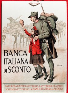 Prima Guerra Mondiale: manifesto italiano che incoraggia un prestito nazionale rappresentante un soldato con una bambina che offre la sua lira - Illustrazione di Enrico della Leonessa (1875-1921)
