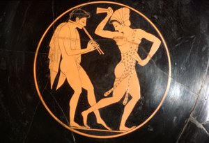 Coppa da bere, Kylix di ragazza che danza con giovane che suona il flauto, Attica, c. 510 a.C.