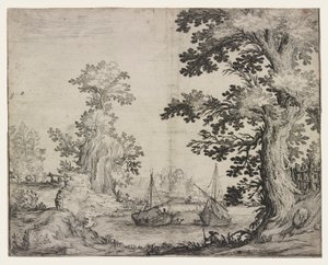 Paesaggio con un fiume tra alberi e colline, due navi al centro