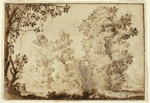 Paesaggio boscoso con viaggiatore in primo piano da Ercole Bazzicaluva