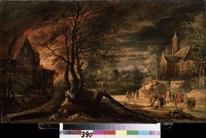 "Allegoria della pazienza" Un paese in guerra, cadaveri sparsi sul terreno, un incendio a sinistra, paesaggio apocalittico. Peinture d