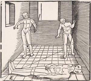 Tre figure maschili in una stanza Da: Unnderweissung der Proportzion da Erhard Schon