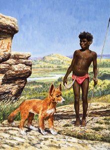 Ragazzo aborigeno con dingo (gouache su carta)
