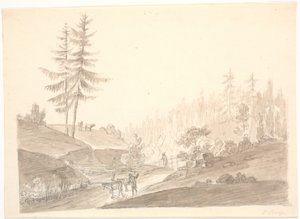 Paesaggio montano norvegese con bestiame e due uomini da Erik Pauelsen