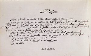 Prefazione manoscritta della partitura musicale con disegni da Erik Satie
