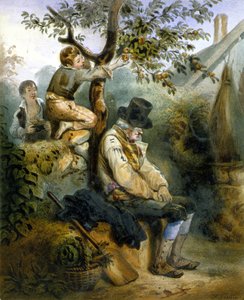 Bambini che rubano mele sotto il naso del contadino addormentato - litografia di Grenier, ca. 1840