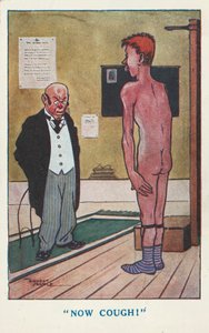 Dottore che chiede a un uomo nudo di tossire durante una visita medica (litografia a colori) da Ernest (after) Noble