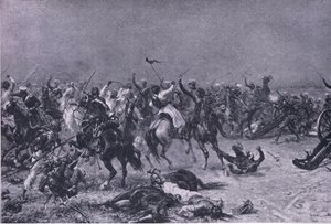 La carica dei Dragoni Leggeri del Re a Mudki, illustrazione da British Battles on Land and Sea, 1915 da Ernest Crofts