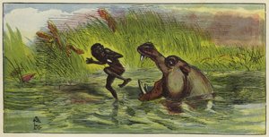 Uomo Ashanti minacciato da un ippopotamo
