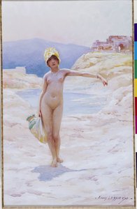 Ragazza algerina con la brocca Una ragazza nuda con un cappello che porta una brocca d