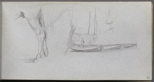 Taccuino, pagina 43: Studi: gamba di cavallo, figura in una barca e profilo da Jean Louis Ernest Meissonier