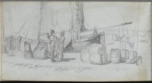 Taccuino, pagina 50: Barche, figure, carico su una spiaggia da Ernest Meissonier