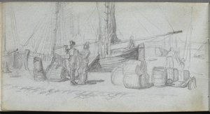 Taccuino, pagina 50: Barche, figure, carico su una spiaggia da Jean Louis Ernest Meissonier