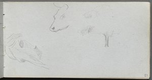 Quaderno degli schizzi, pagina 53: Studio di animali e studio di alberi da Ernest Meissonier