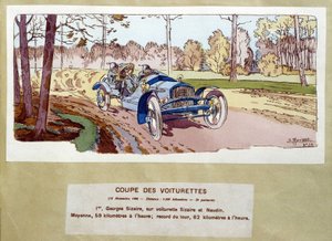 Corsa automobilistica: il taglio dei carri nel 1906 - disegno di Ernest Montaut (1878-1909)